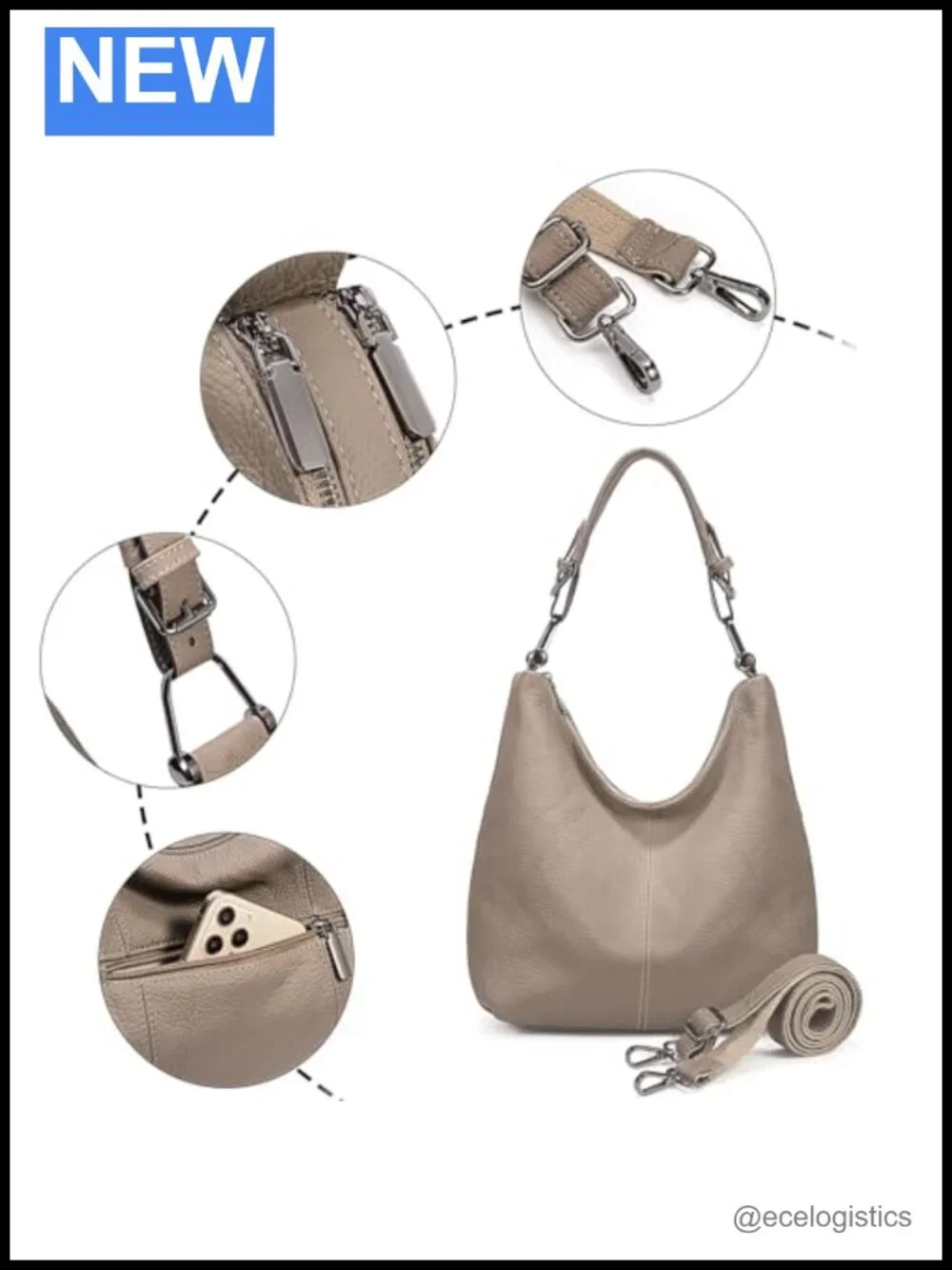Genuine Leather Slouchy Hobo Handbag Shoulder Bag Purse with Strap